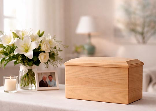 Wooden cremation urn displayed with flowers during memorial service