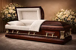 Open casket with wood finish and interior lining for funeral viewing service