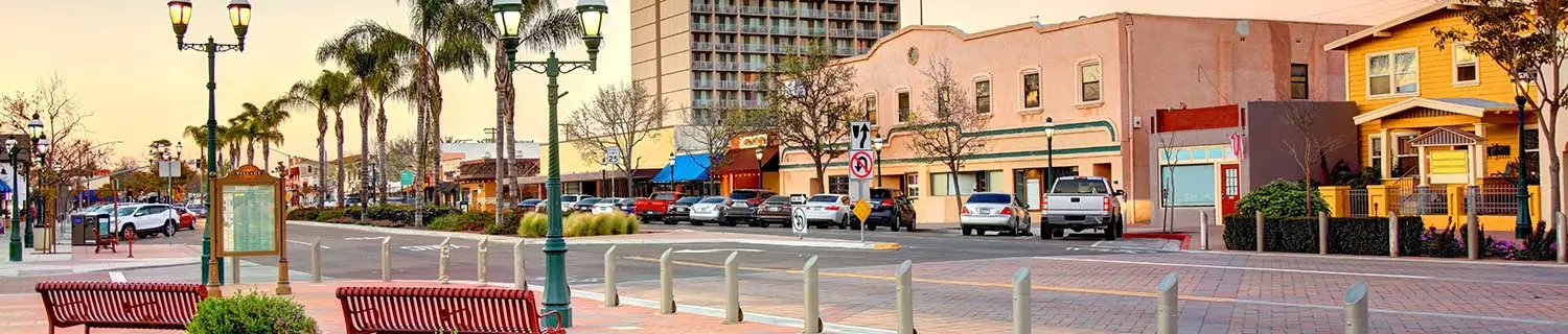 Chula Vista California street scene with shops and palm trees