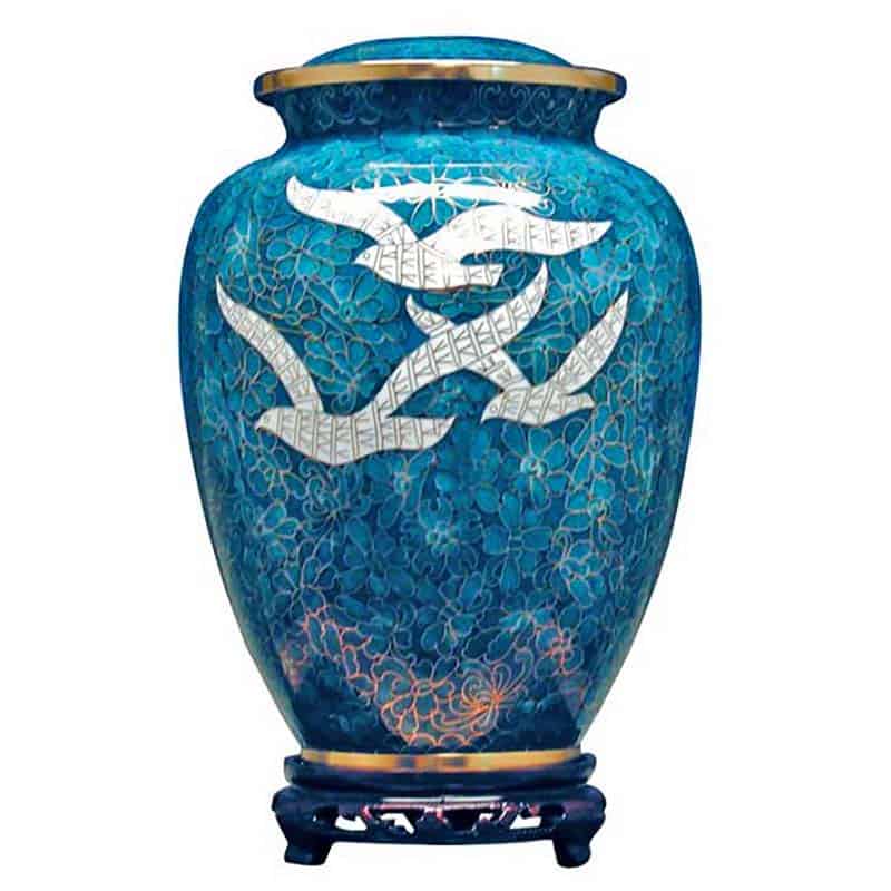 Fancy Blue urn to contain cremains from cremation process