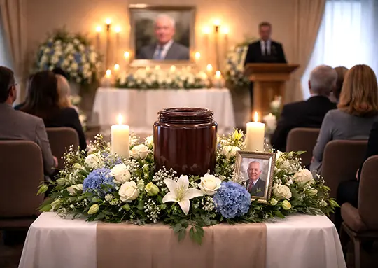 Cremation memorial service with urn and family in San Diego funeral setting