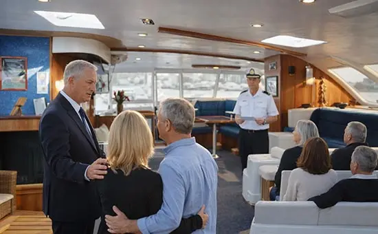 Family boarding a yacht for a burial at sea ceremony