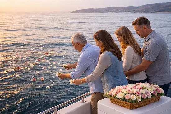Family placing flowers in the ocean
