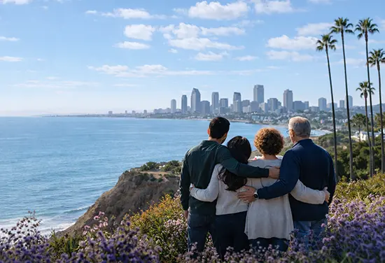 Family overlooking the San Diego coastline during the day, representing support, compassion, and togetherness