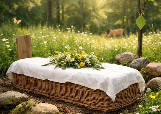 Natural green burial with wicker casket in a peaceful meadow surrounded by wildflowers