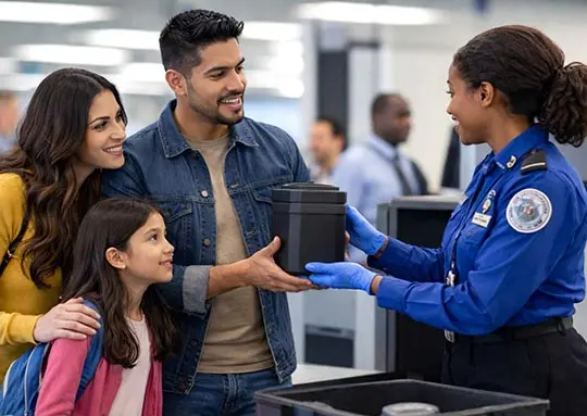 Hispanic family going through TSA with cremains