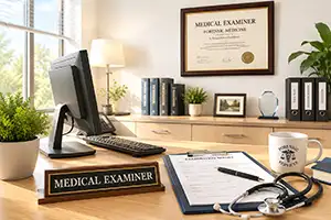 Bright medical examiner office with professional forensic medicine workspace, examination report, stethoscope, and office desk.