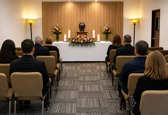 Memorial service in a small chapel with urn, floral arrangement, candles, and seated family members