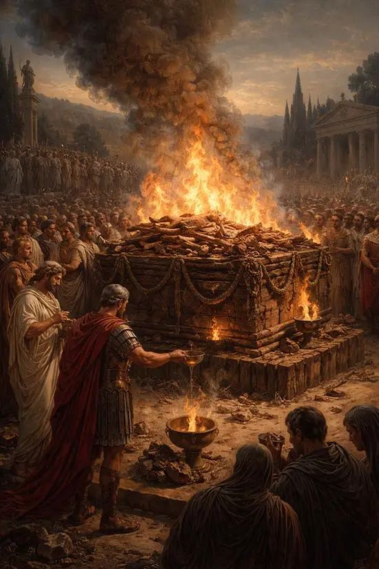 Ancient Roman cremation ceremony with a funeral pyre burning as mourners gather to honor the deceased.
