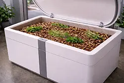 Rectangular composting vessel filled with wood chips and plant material used in natural organic reduction process
