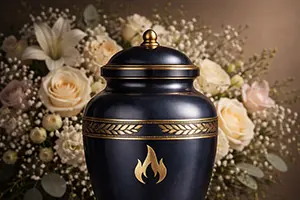 Decorative cremation urn with floral arrangement for memorial or funeral service