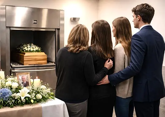 Family witnessing cremation with wooden container at funeral facility